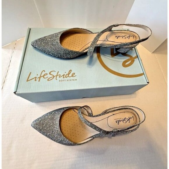 Life Stride Woman 10M Minimalist Pewter Silver Shimmer Kitten Heel Pointed Toe - Picture 4 of 9